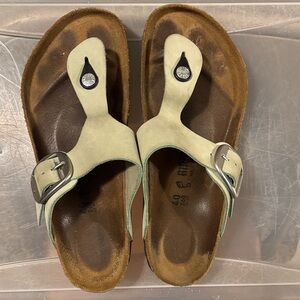 Birkenstock Light Green Suede Gizeh Big Buckle Sandals with Silver Buckle